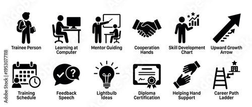 Twelve black and white vector icons illustrate various training, learning, and career development concepts in a clear, organized grid layout