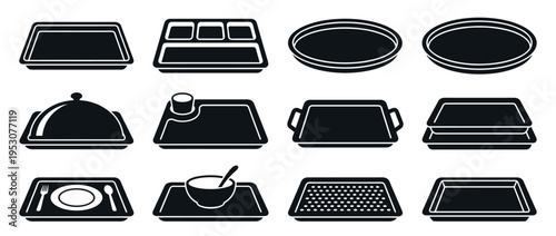 Various black silhouette serving trays and dishes are presented in a clean, graphic style, showcasing different designs for food service and catering