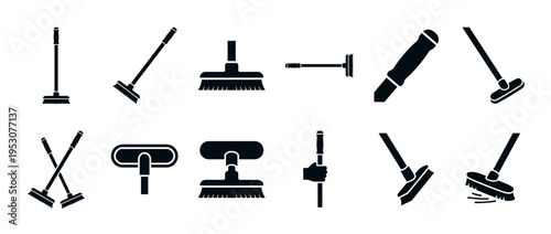 Various black silhouette cleaning tools icons, including brooms, mops, and brushes, depicted in a flat, minimalist graphic style with clear, sharp details