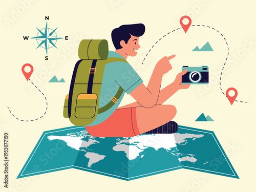 Backpacker planning travel world tourism day illustration