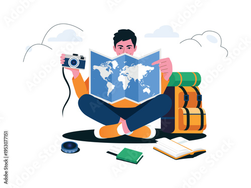 Backpacker planning travel world tourism day illustration