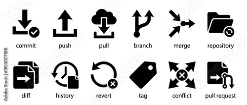 Twelve black vector version control system icons are neatly arranged, illustrating various software development and code management concepts in a clean, modern, and detailed graphic style