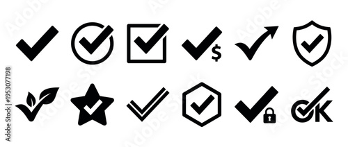 Collection of black checkmark icons in various styles, representing approval, completion, and verification with diverse graphic elements