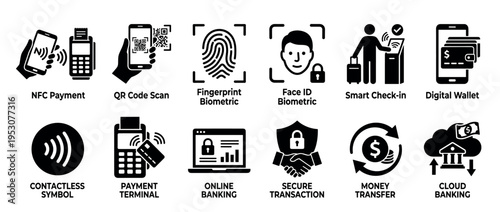 Comprehensive set of digital payment and security icons, illustrating biometric identification, mobile transactions, and online banking concepts in a modern, solid black vector style