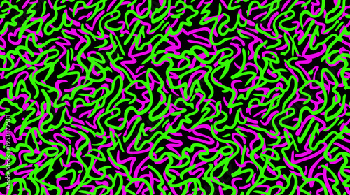 Abstract neon swirl pattern featuring green and purple ribbons with dynamic looping curves and vibrant textures.