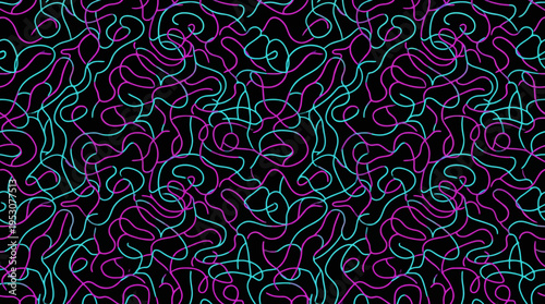 Abstract neon line pattern of tangled squiggles in teal and purple on a dark background for graphic textures.