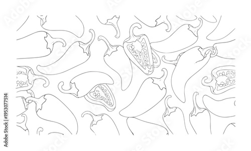 Black and white line pattern of whole and halved chili peppers food ingredient spice