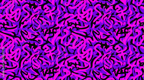 Vibrant abstract pattern with tangled purple and pink swirls and geometric shapes.