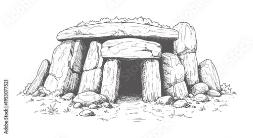 Ancient megalithic tomb structure with entrance and surrounding rocks