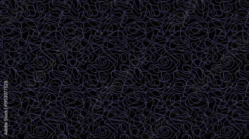 Dark abstract tangled line texture with intricate blue swirls on a black background.