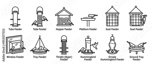 Comprehensive set of various bird feeder types illustrated with clean black line art icons, showcasing designs like tube, hopper, suet, platform, and hummingbird feeders