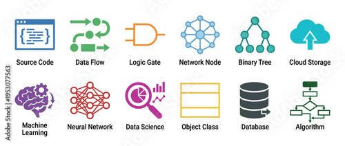 Twelve colorful flat design computer science icons are neatly arranged, illustrating various concepts like source code, data flow, machine learning, and algorithms in a clear, informative style