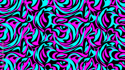 Vibrant neon swirl abstract pattern with teal, pink, and black background.