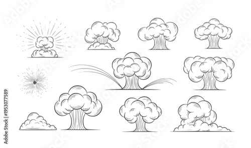 Collection of hand drawn mushroom cloud explosions and sunbursts bomb blast