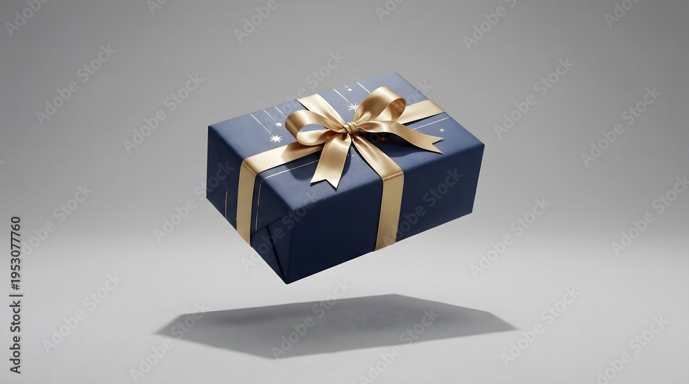Fototapeta premium Elegant navy blue gift box with gold ribbon floating on gray background
