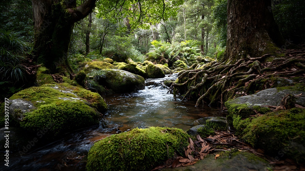 Obraz premium A serene forest stream with moss-covered rocks and trees in a natural setting