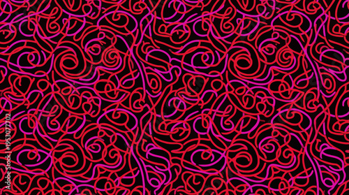 Intricate red abstract swirl pattern with ornate loops and arabesque motifs on a dark background.
