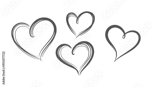 Four hand drawn dark grey hearts white love symbol outline