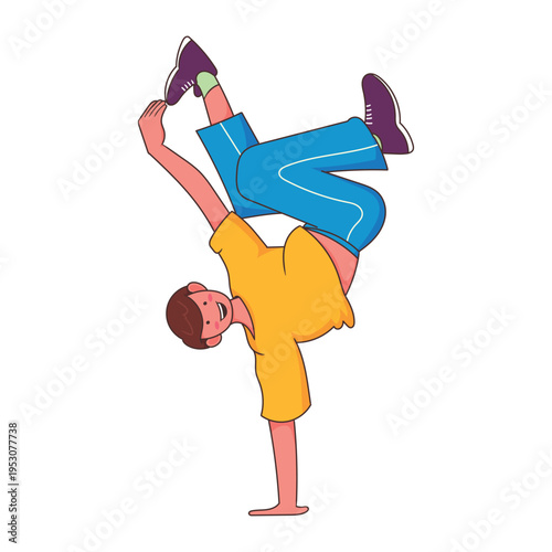 A cool and energetic breakdancer character mascot performing a hip hop dance move. Perfect for urban street style concepts, youth competitions, and active lifestyle branding.