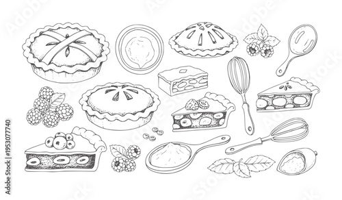 Hand drawn assortment of pies berries and baking utensils berry raspberry blueberry