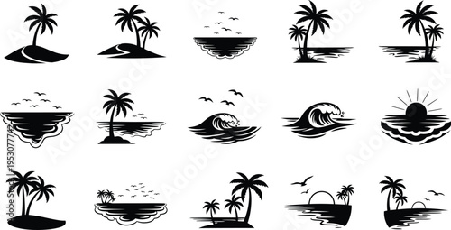Collection of tropical island silhouettes isolated on transparent background
