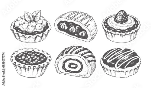 Hand drawn collection of six different sweet pastries and cakes pastry tart dessert