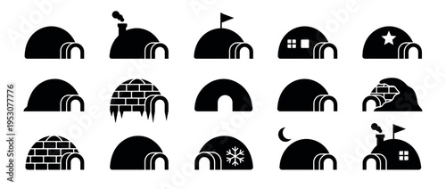 Fifteen black silhouette igloo icons are depicted in a graphic collection, featuring various designs with windows, flags, chimneys, stars, snowflakes, icicles, and a crescent moon