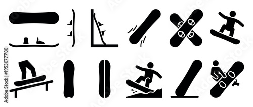 Various black silhouette snowboarding icons showcasing snowboards, bindings, and dynamic figures engaged in winter sports activities