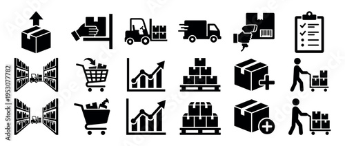 Comprehensive set of black silhouette logistics icons depicting various stages of shipping, delivery, warehouse operations, and e-commerce processes in a minimalist flat style