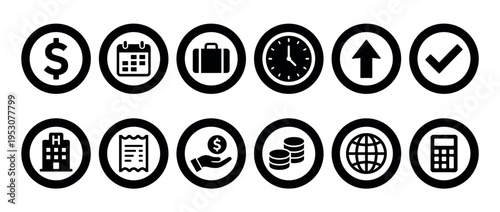 Twelve black and white circular business icons are arranged in a grid, depicting various concepts like money, time, travel, and calculations in a clean, graphic style
