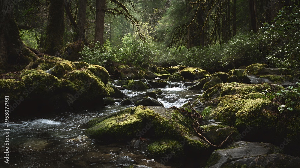 Obraz premium A serene forest stream with moss-covered rocks and trees in the background