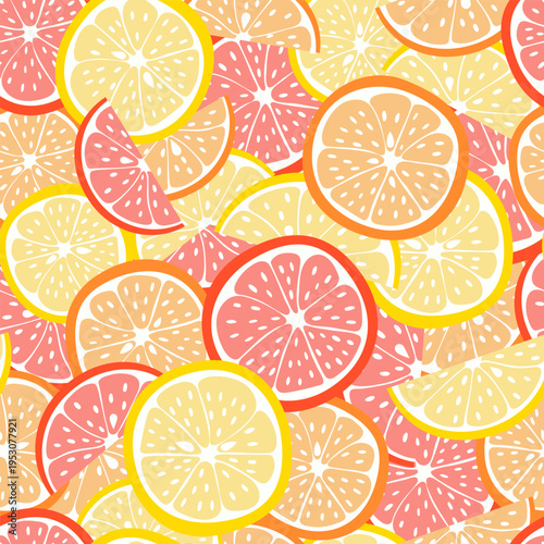 Vibrant seamless pattern featuring juicy citrus slices: lemon, orange, and grapefruit - in bright, bold colors. Fresh summer design with a lively, colorful aesthetic perfect for kitchen decor.
