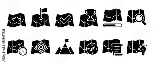 Eleven black glyph map icons illustrating concepts of navigation, planning, goals, and achievement in a clean, modern, and symbolic visual style