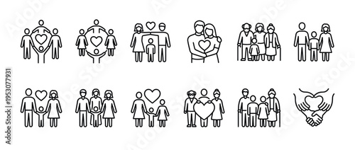Black outline family relationship icons set depicting various family structures, couples, and love symbols in a clean, minimalist line art style