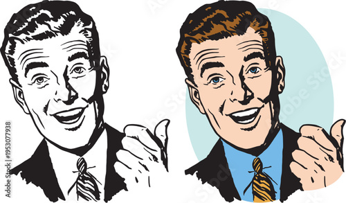 A vintage retro illustration of a businessman pointing at something over his shoulder.