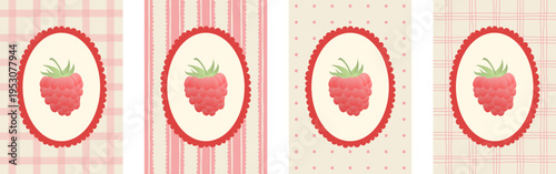 Charming set of four vintage-style vector posters featuring fresh raspberries on different retro backgrounds: checkered gingham, polka dot, and stripes. Cottagecore aesthetic in pink and red tones.