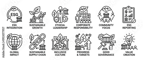 Twelve black outline ESG concept icons are neatly arranged in a grid, illustrating various aspects of environmental, social, and governance principles with a modern, minimalist style
