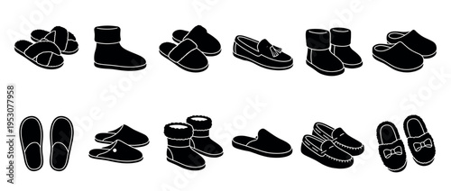 Various black silhouette icons of comfortable indoor footwear, including slippers, boots, and moccasins, presented in a clean, graphic style