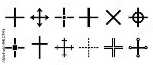 Collection of diverse black cross and plus sign icons, featuring various styles like arrows, dots, and dashed lines, presented as a graphic design element