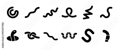 Black worm-like abstract shapes and icons are displayed in a minimalist graphic style, featuring various wavy, coiled, and knotted forms