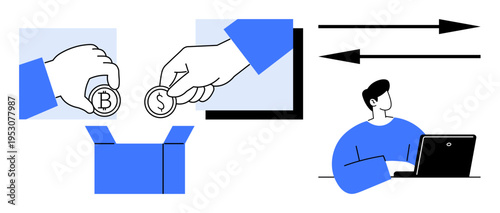 Cryptocurrency exchange, e-commerce, online payments, blockchain, financial technology, money transfer. Hands exchanging coins and a person using a laptop. Cryptocurrency exchange and e-commerce