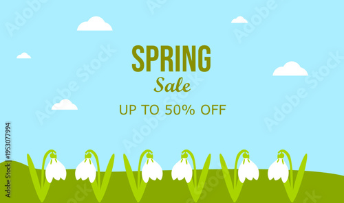 Banner for spring sales with a spring landscape and the inscription "Spring Sale. Up to 50% off"