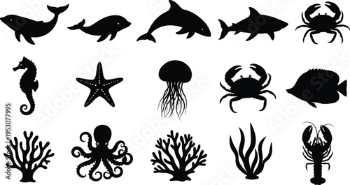 Silhouette of various sea creatures isolated on transparent background