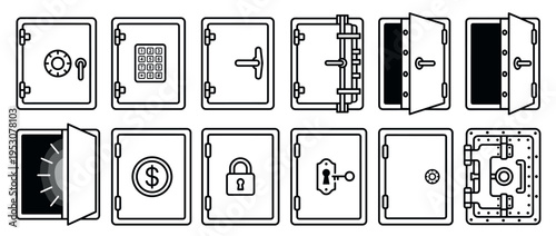 Twelve black and white line art safe and vault door icons illustrating various security mechanisms, including open and closed designs with dials, keypads, handles, and keyholes