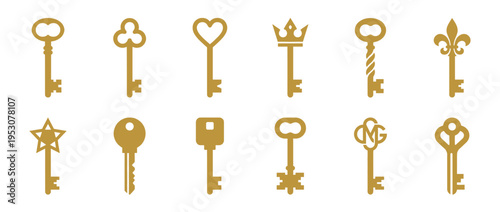Twelve golden antique ornate keys collection, each featuring a unique decorative bow and bit design, presented as a flat vector illustration