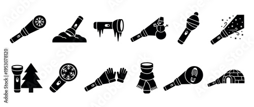 Various black silhouette flashlight winter icons depicting cold weather elements and seasonal activities in a clean, illustrative style
