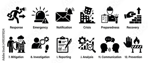 Twelve black and white vector icons illustrating crisis management, emergency response, and disaster preparedness concepts with clear graphic representations