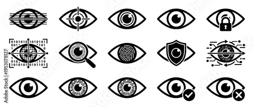 Fifteen black and white eye icons representing concepts like security, surveillance, biometrics, data, and vision, depicted in a modern flat vector style