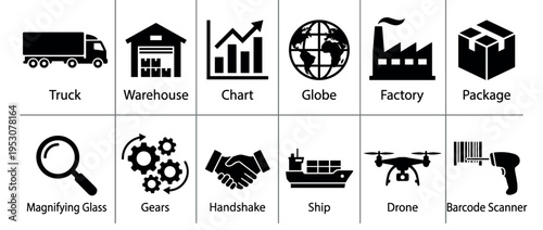 Comprehensive set of twelve black silhouette icons, presented in a clean grid layout, representing various logistics, business, and industrial concepts
