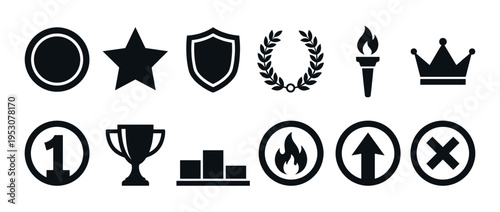 Twelve black silhouette icon set representing various achievements, success, and general symbols, presented in a clean, flat, and modern vector style